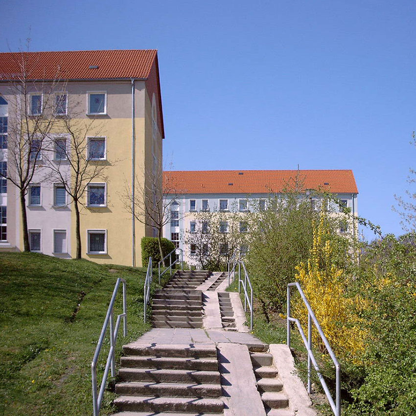 Zwei Wohnblöcke Neubau mit Wiese,
 Sträuchern und Treppe im Frühling